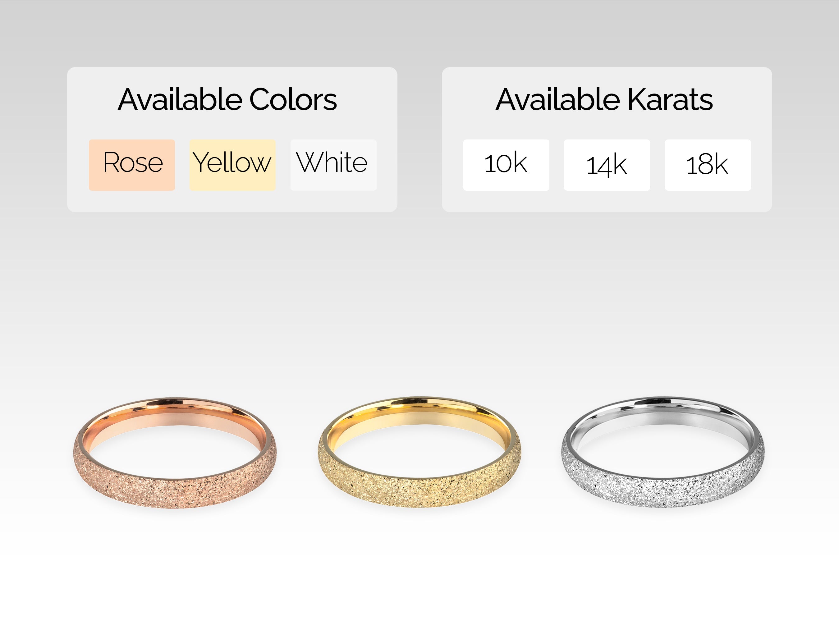 Jewelry bands in rose, yellow, white gold, 10k, 14k, 18k