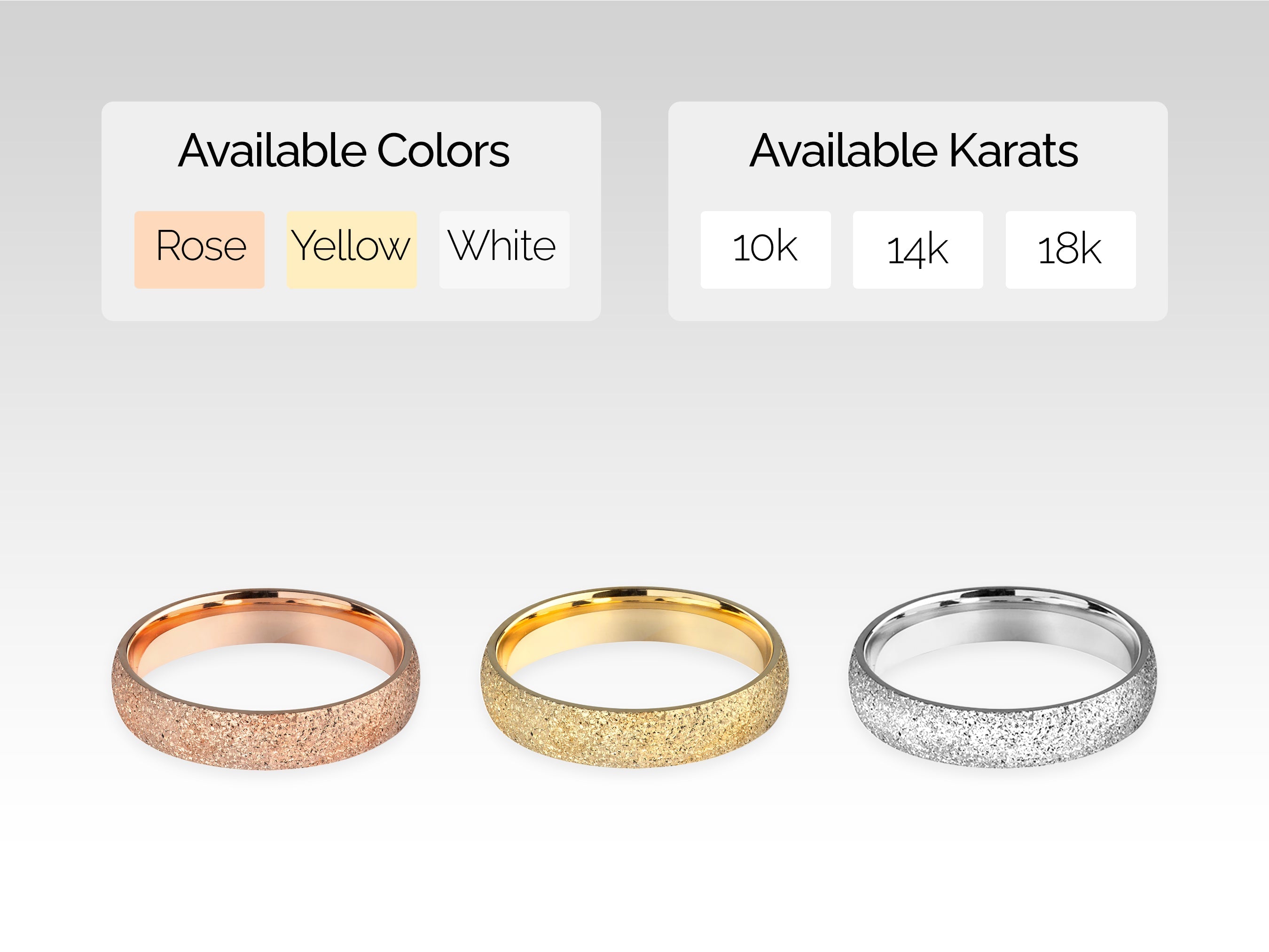 Jewelry rings available in rose, yellow, white gold, and multiple karats