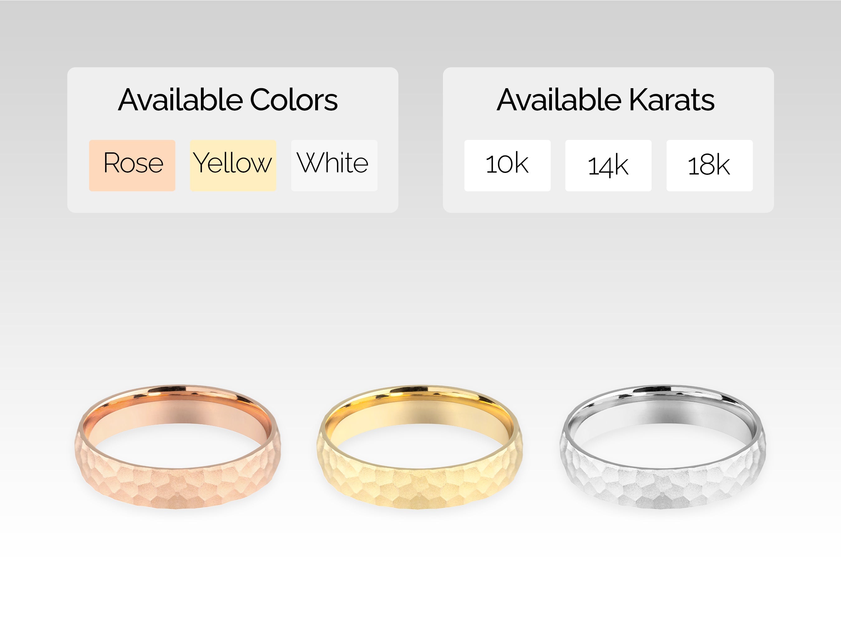 Jewelry rings available in rose, yellow, white gold, and various karats