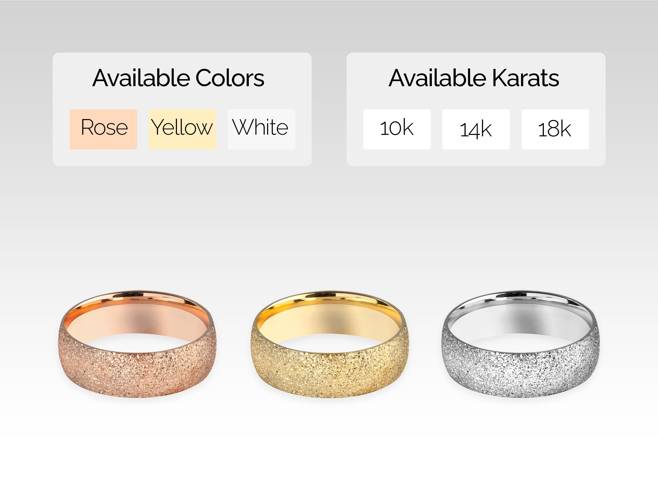 Jewelry rings available in rose, yellow, white gold, 10k, 14k, 18k