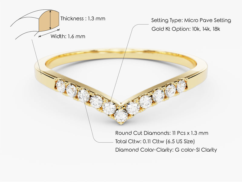 Gold V-ring with micro pave diamonds, 10k-18k gold options
