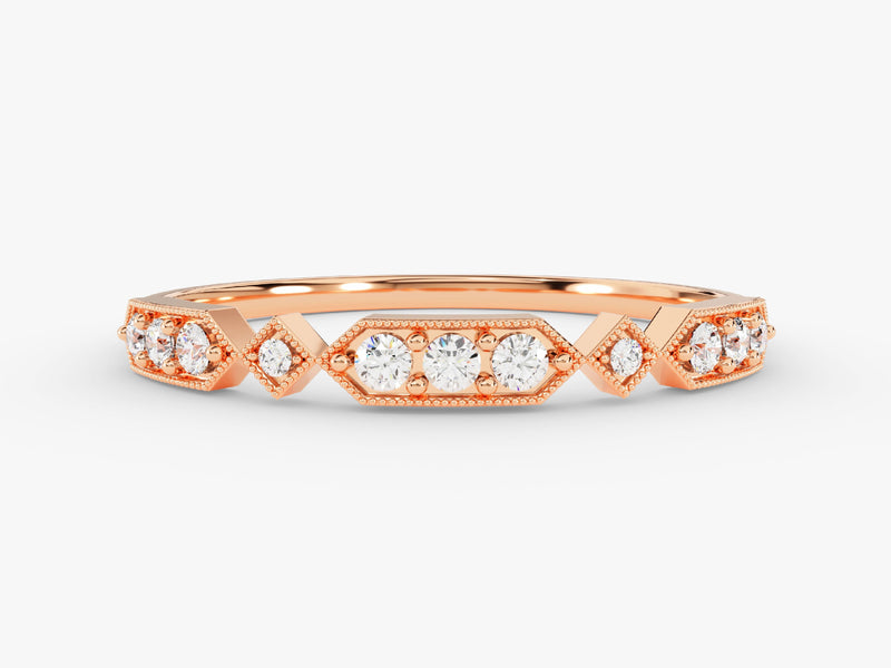 Rose gold diamond ring with geometric pattern and beaded details