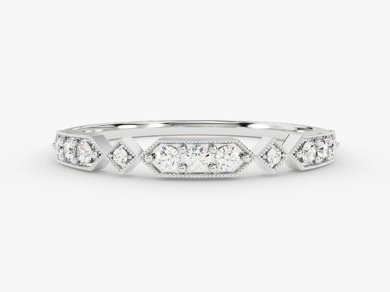 Diamond engagement ring with geometric pattern and white gold band