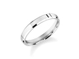 Modern silver band ring with beveled edges and subtle detailing