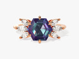 Hexagonal alexandrite ring with marquise diamonds, rose gold jewelry