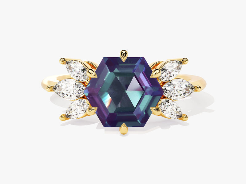 Gold ring with hexagon alexandrite and marquise diamonds