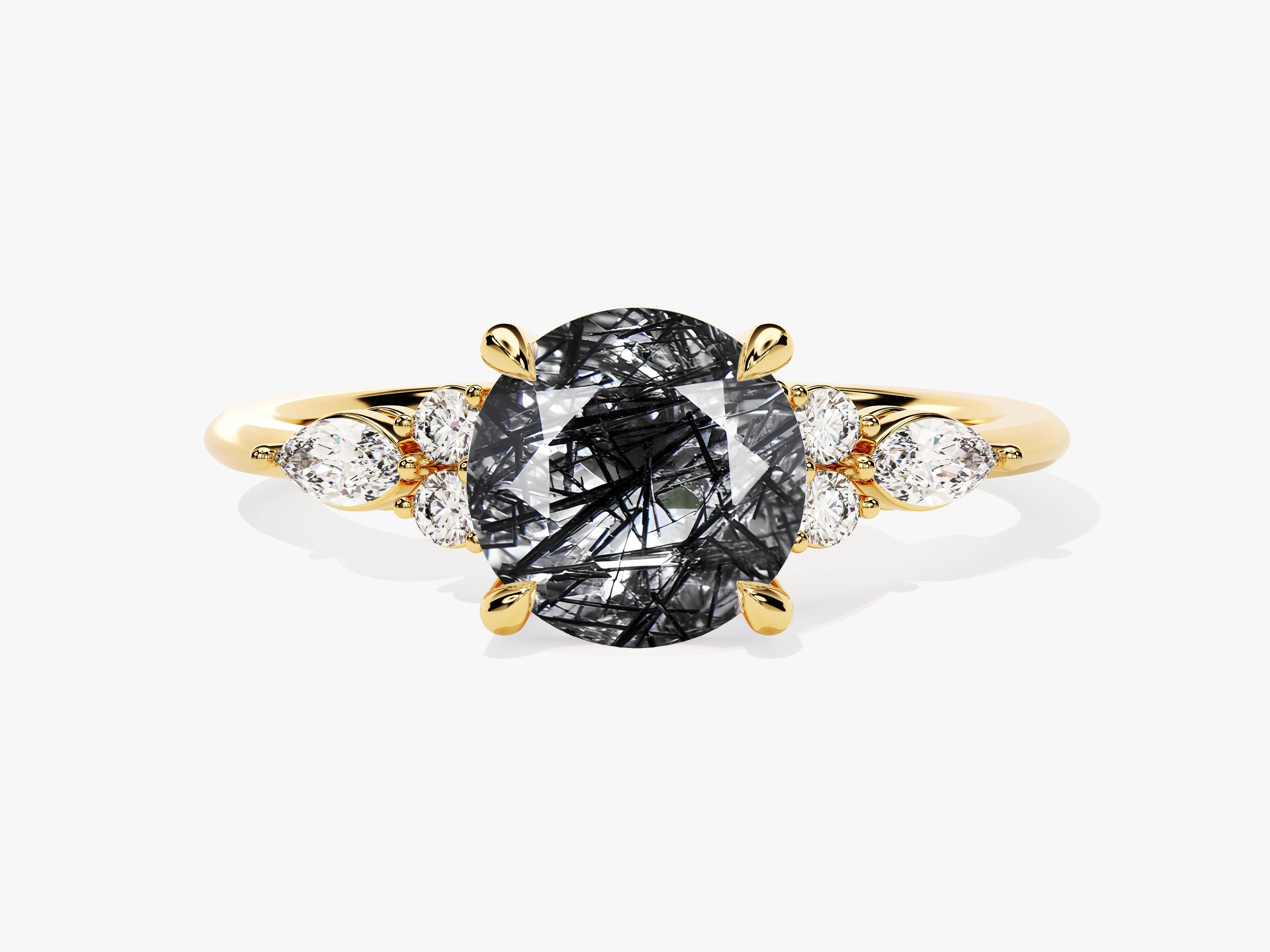 Gold ring with oval rutilated quartz and diamonds