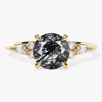 Round Black Rutilated Quartz Engagement Ring with Moissanite Sidestones