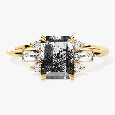 Emerald Cut Black Rutilated Quartz Engagement Ring with Moissanite Sidestones