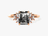 Rose gold ring with emerald cut rutilated quartz and baguette diamonds
