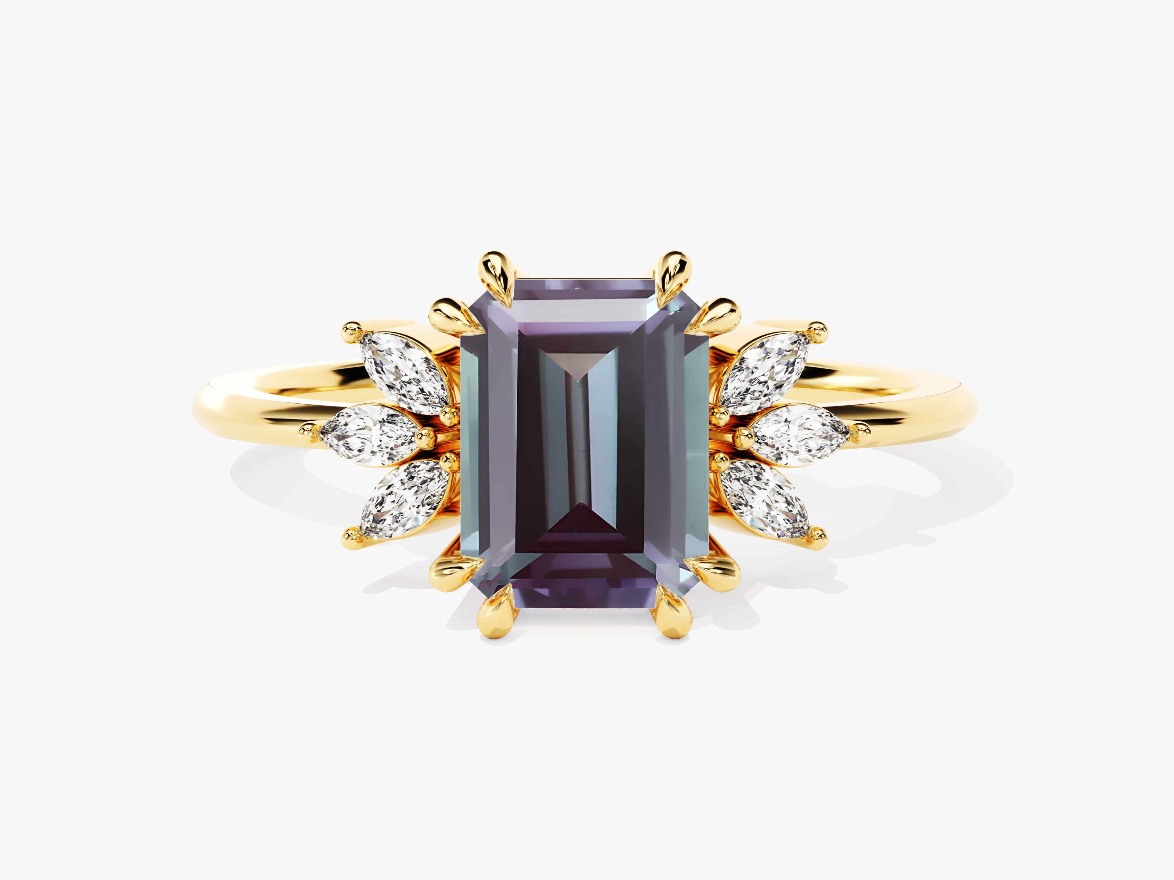 Emerald cut alexandrite ring with marquise diamonds on gold band