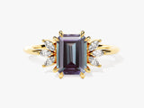 Emerald cut alexandrite ring with marquise diamonds on gold band
