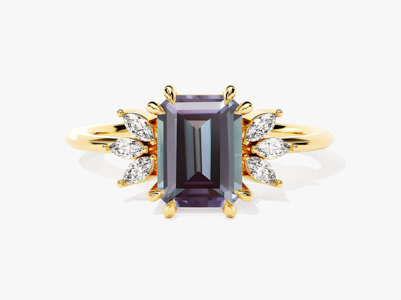 Emerald cut alexandrite ring with marquise diamonds on gold band