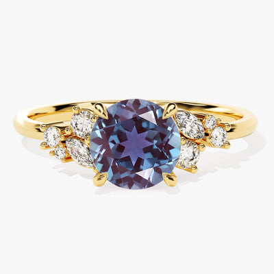 Round Lab Alexandrite Engagement Ring with Moissanite Cluster