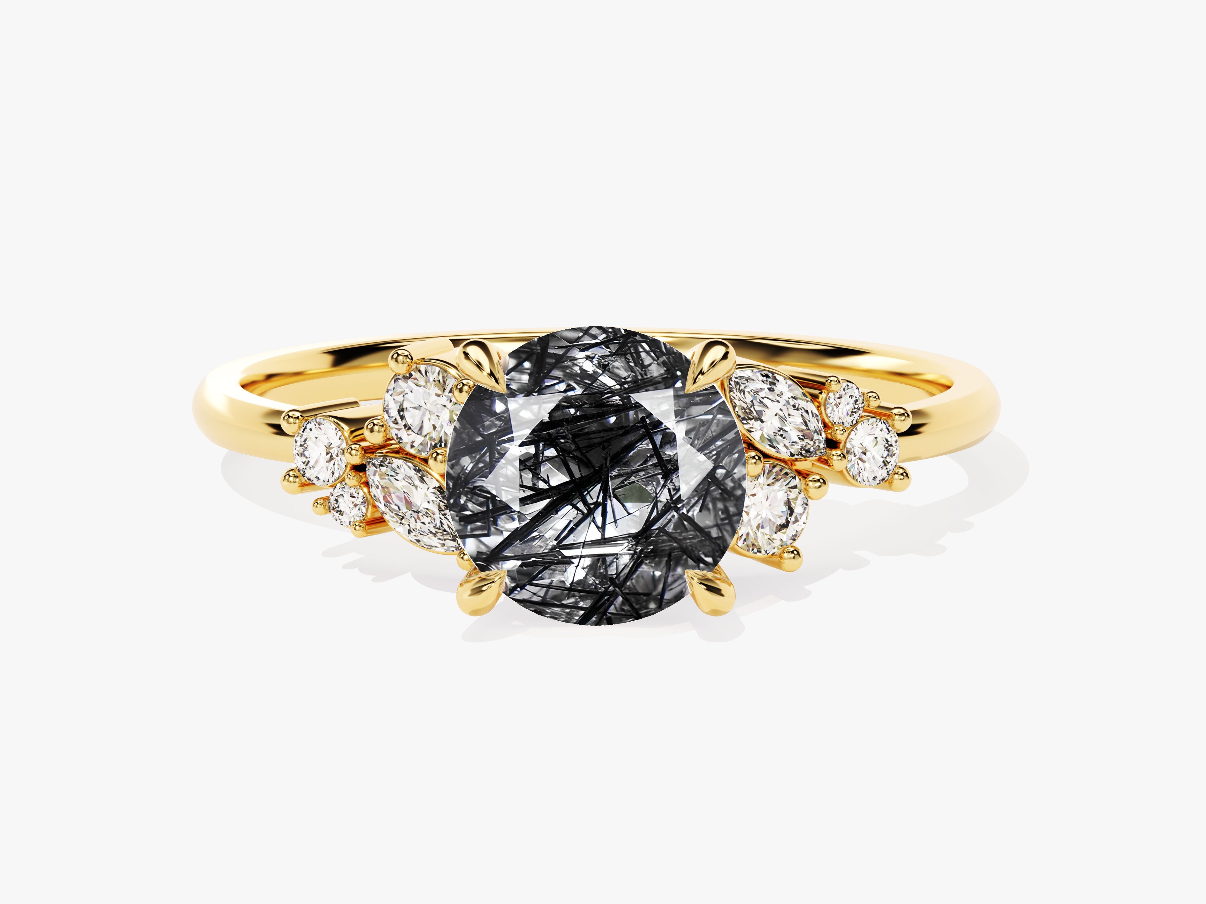 Gold ring with oval rutilated quartz and diamond accents