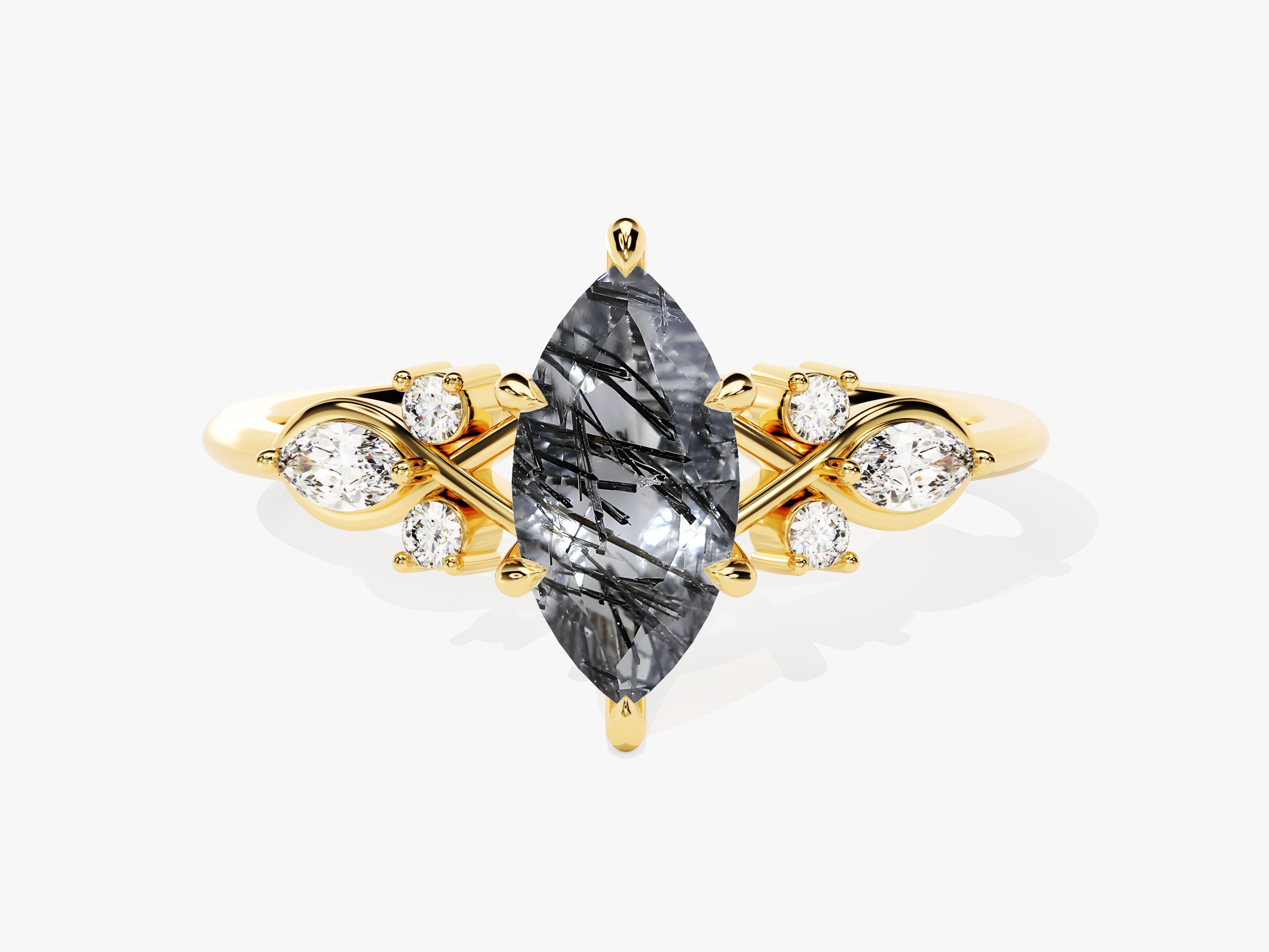 Gold ring with marquise rutilated quartz and diamonds