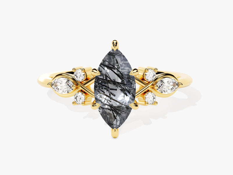 Gold ring with marquise rutilated quartz and diamonds