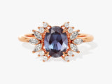 Oval alexandrite and diamond halo ring in rose gold