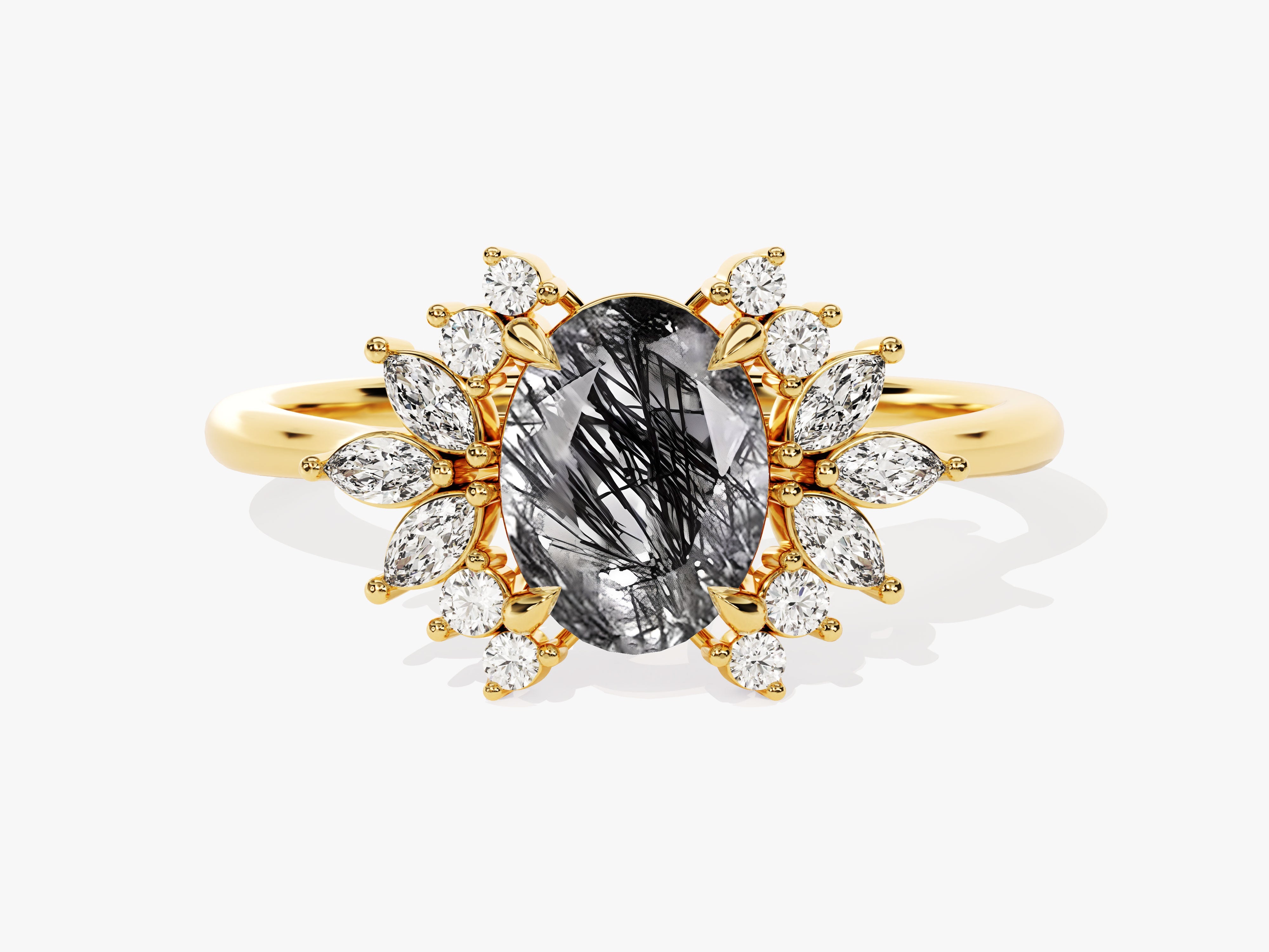 Gold ring with rutilated quartz and diamonds