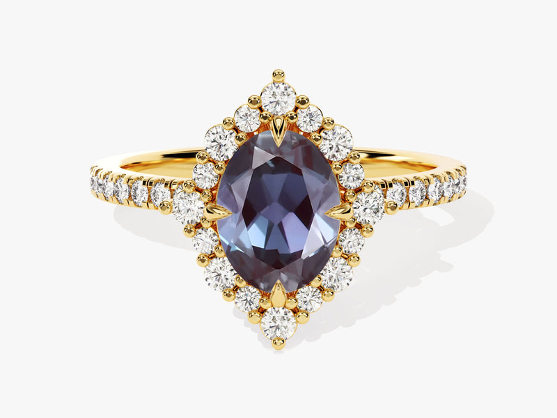 Gold ring with oval alexandrite and diamond halo