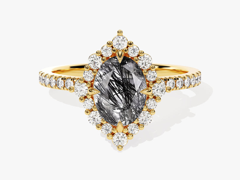 Gold ring with oval rutilated quartz and diamond halo