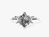 Hexagonal rutilated quartz engagement ring with baguette diamonds