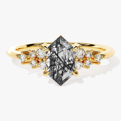 Long Hexagon Black Rutilated Quartz Engagement Ring with Moissanite Cluster
