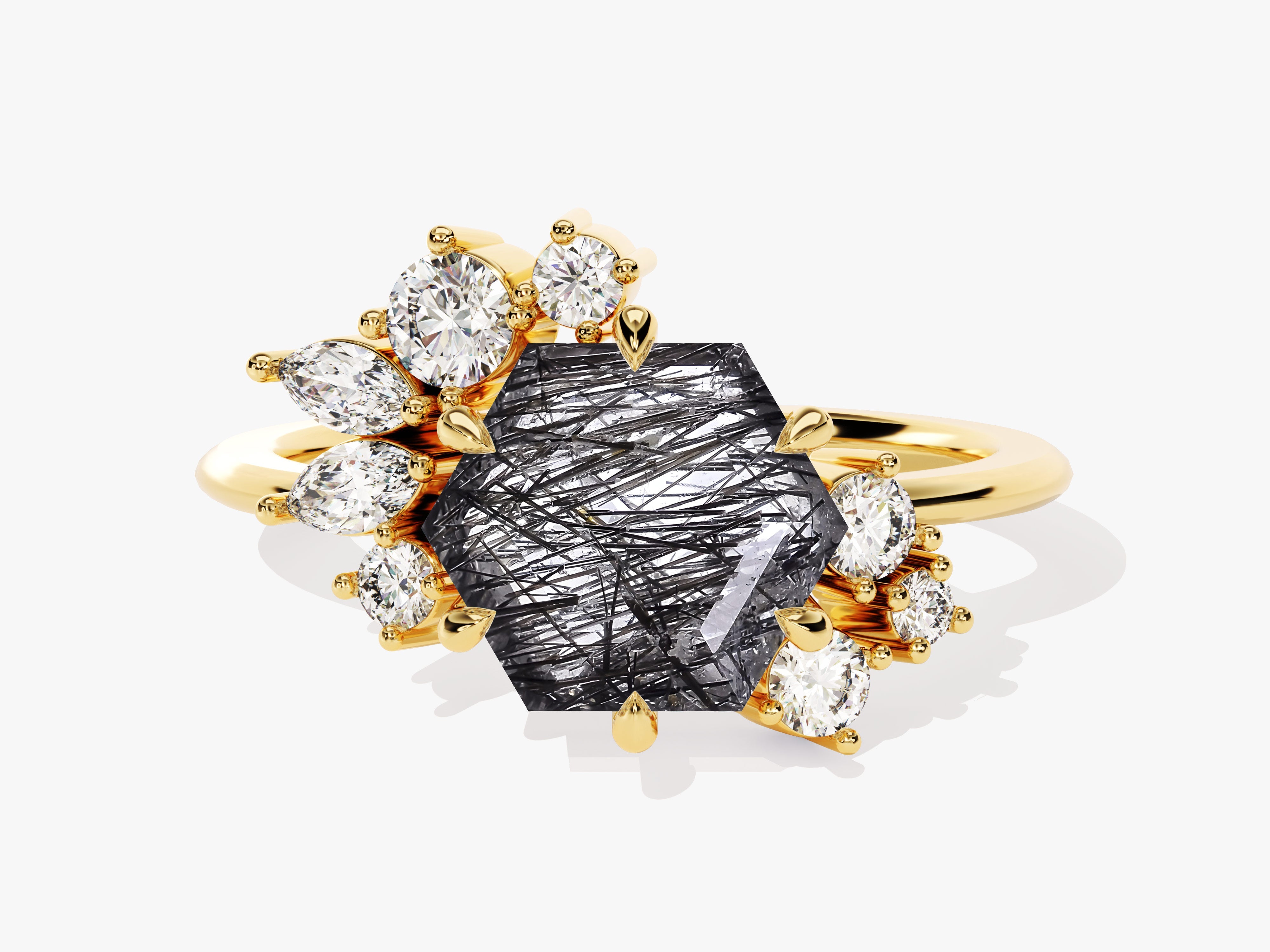 Gold ring with hexagonal rutilated quartz and diamonds