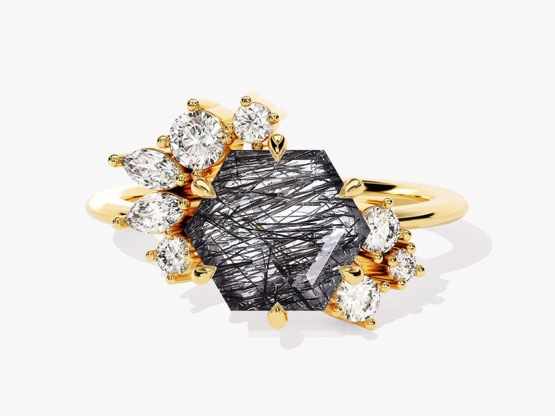 Gold ring with hexagonal rutilated quartz and diamonds