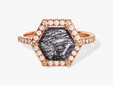 Rose gold hexagon ring with rutilated quartz and diamonds