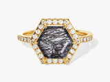 Hexagonal rutilated quartz ring with diamonds in yellow gold