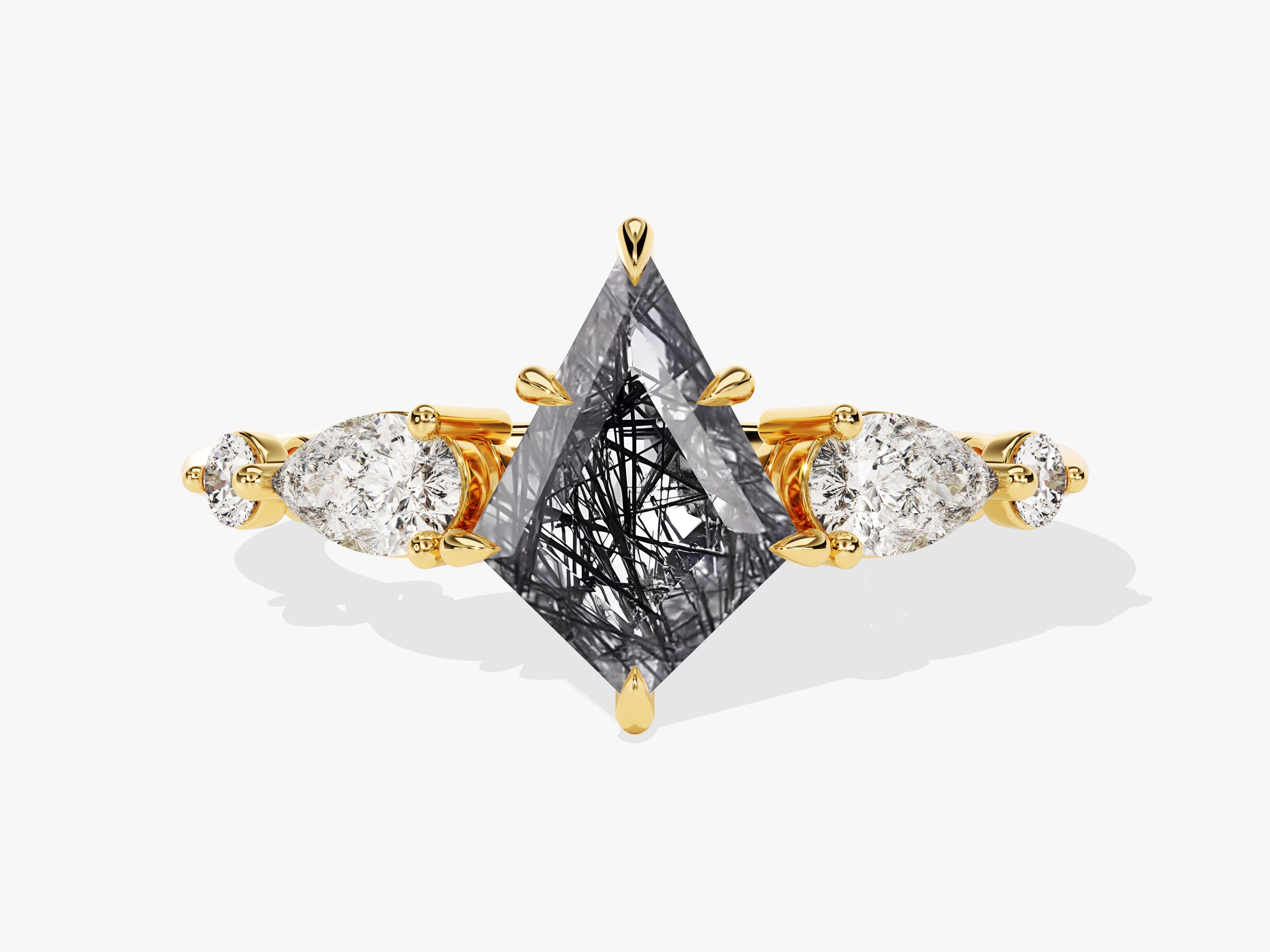 Gold ring with kite-cut rutilated quartz and diamonds