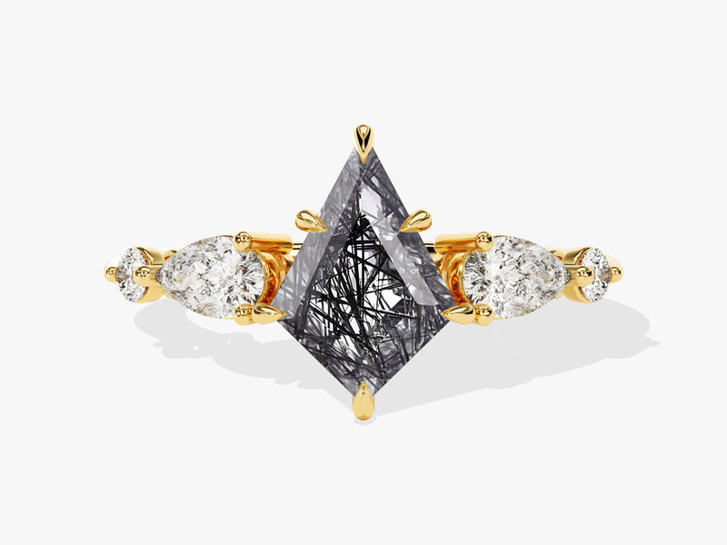 Gold ring with kite-cut rutilated quartz and diamonds
