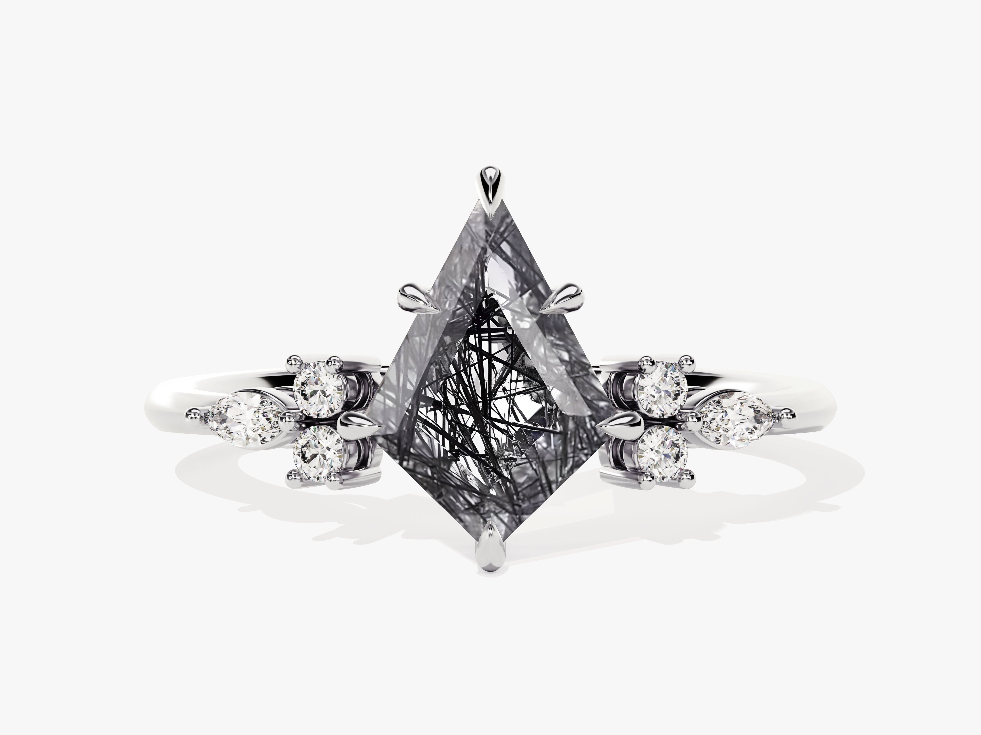 Unique kite-cut rutilated quartz ring with diamonds