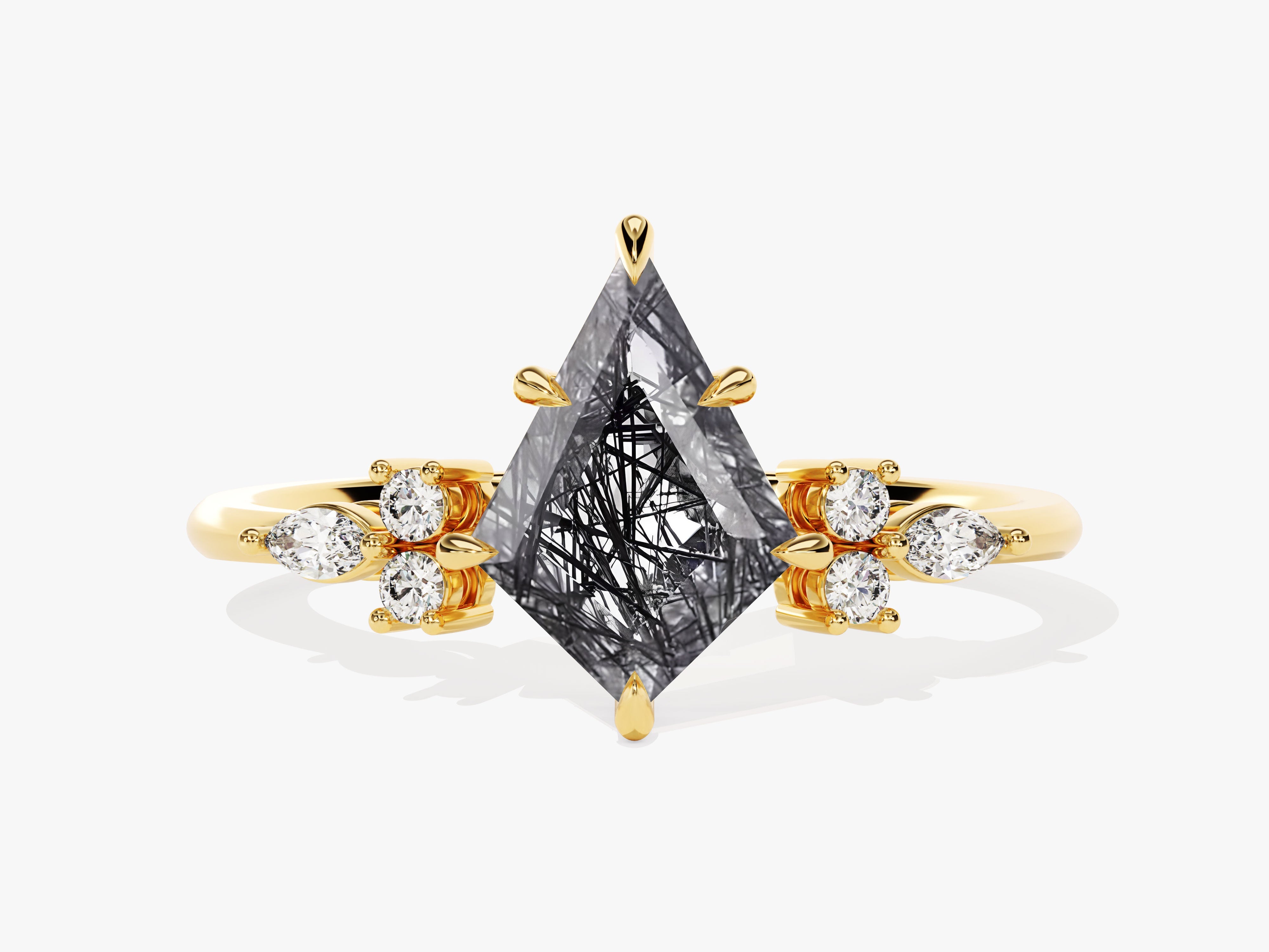 Gold ring with kite-cut rutilated quartz and diamonds