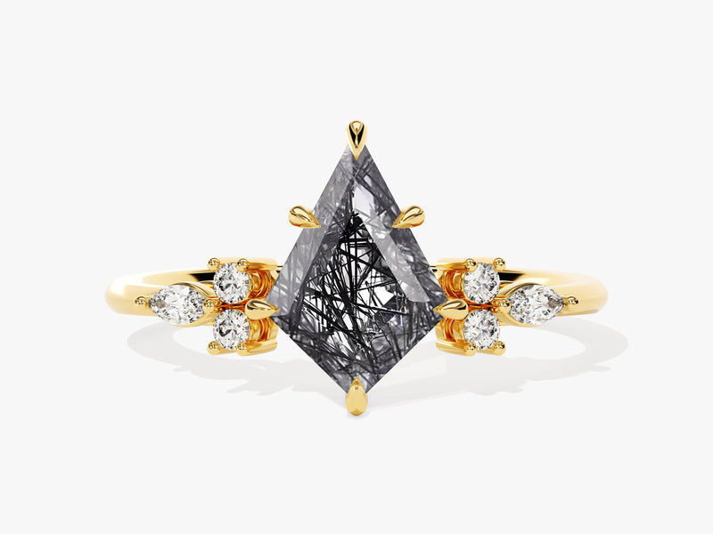 Gold ring with kite-cut rutilated quartz and diamonds