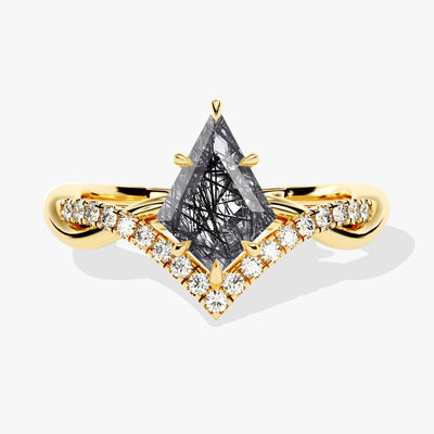 Kite Black Rutilated Quartz Curved Engagement Ring with Moissanite Sidestones