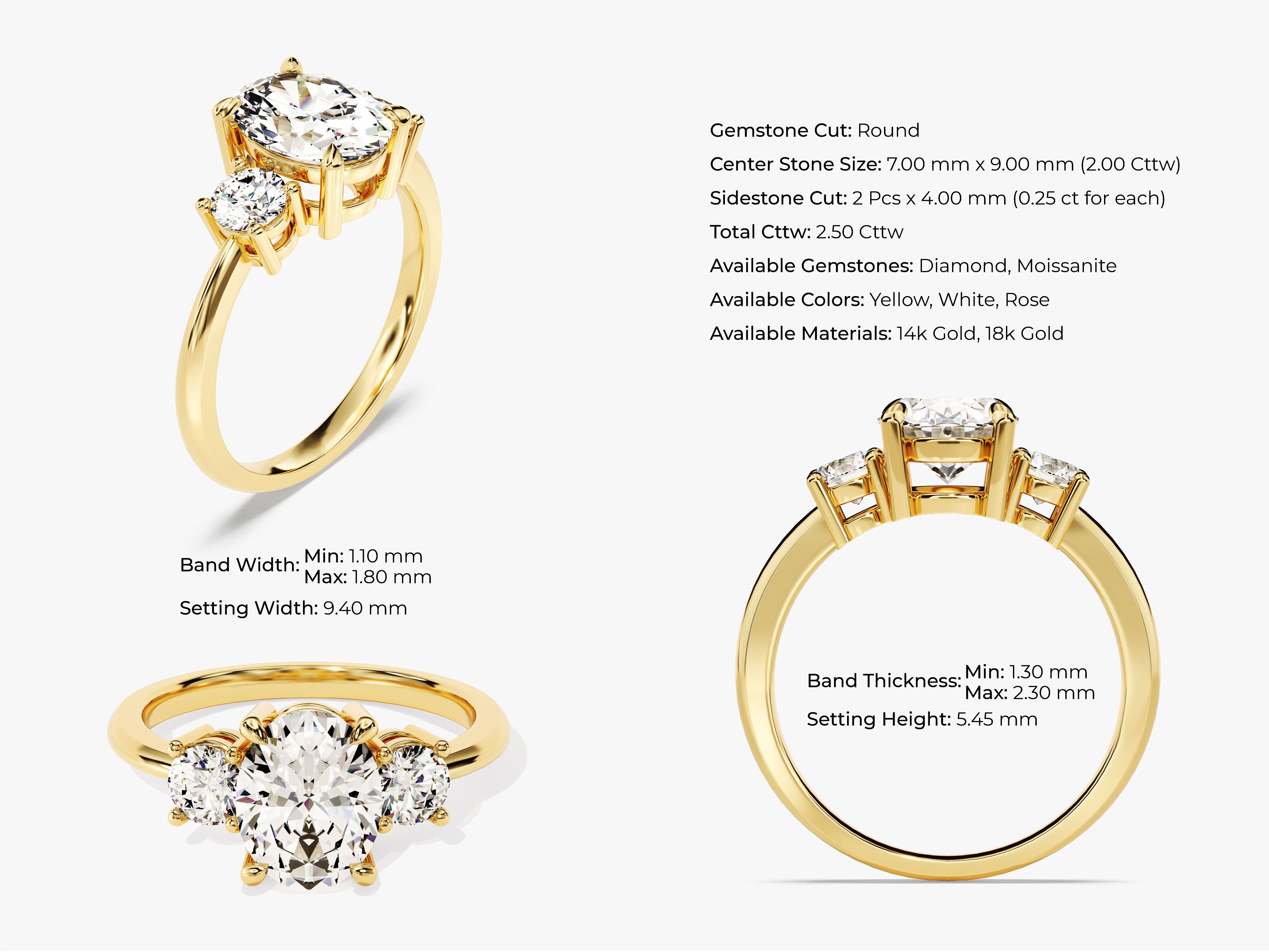 Gold three-stone diamond ring with round center gemstone