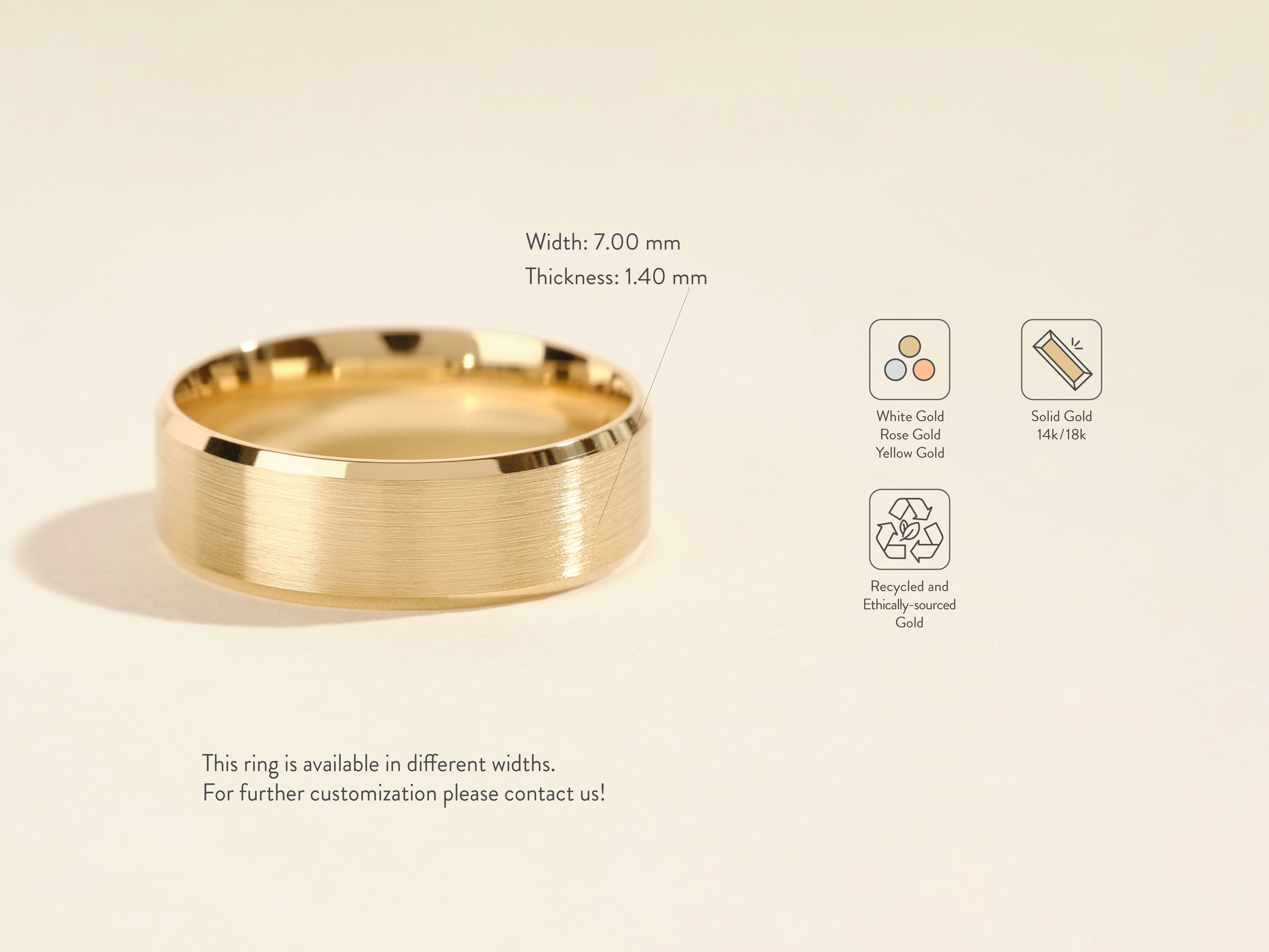 Brushed gold wedding band, available in white, rose, yellow gold