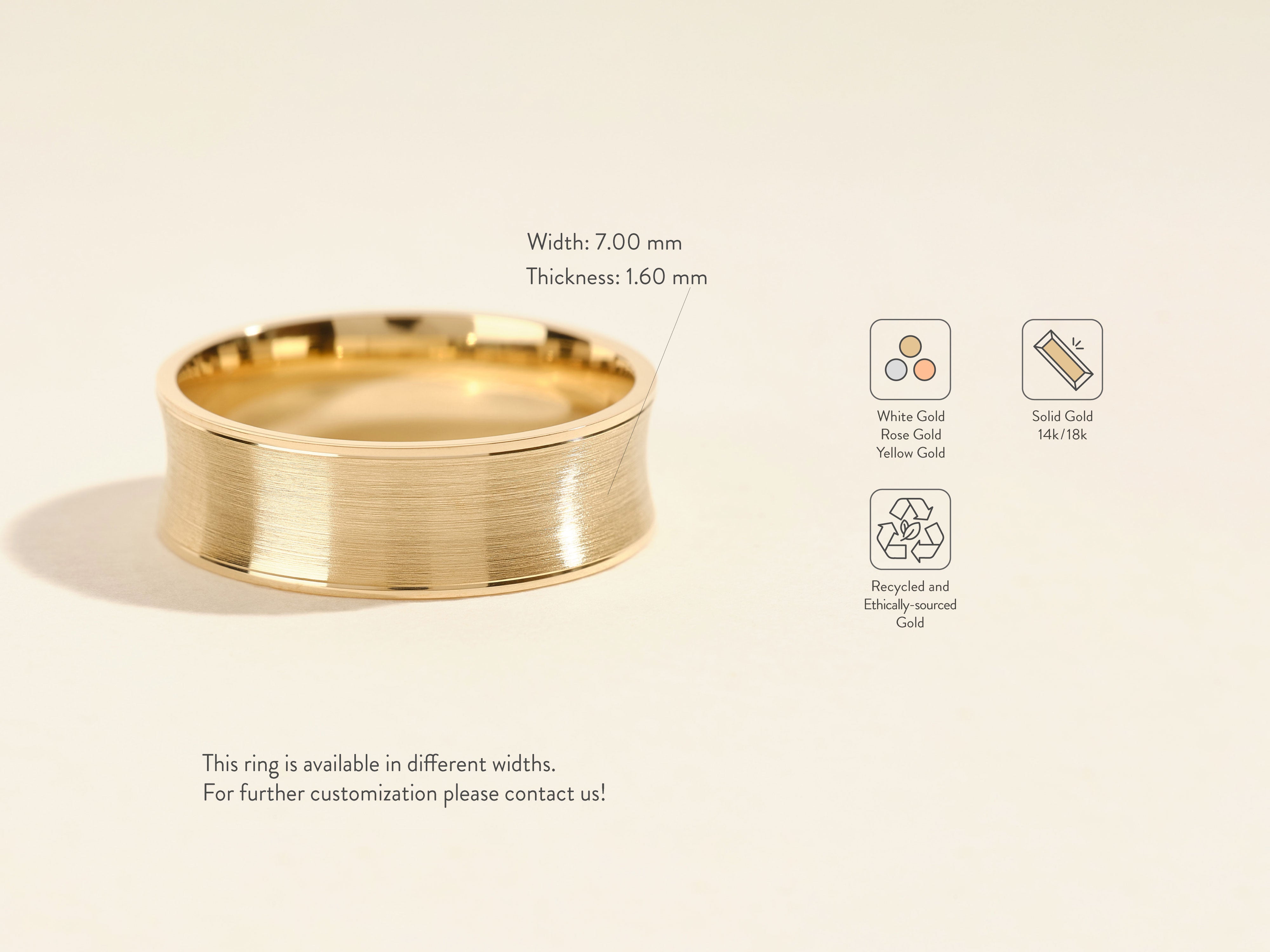 Brushed gold wedding band, available in white, rose, yellow gold