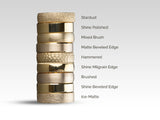 Gold wedding bands with various finishes and textures