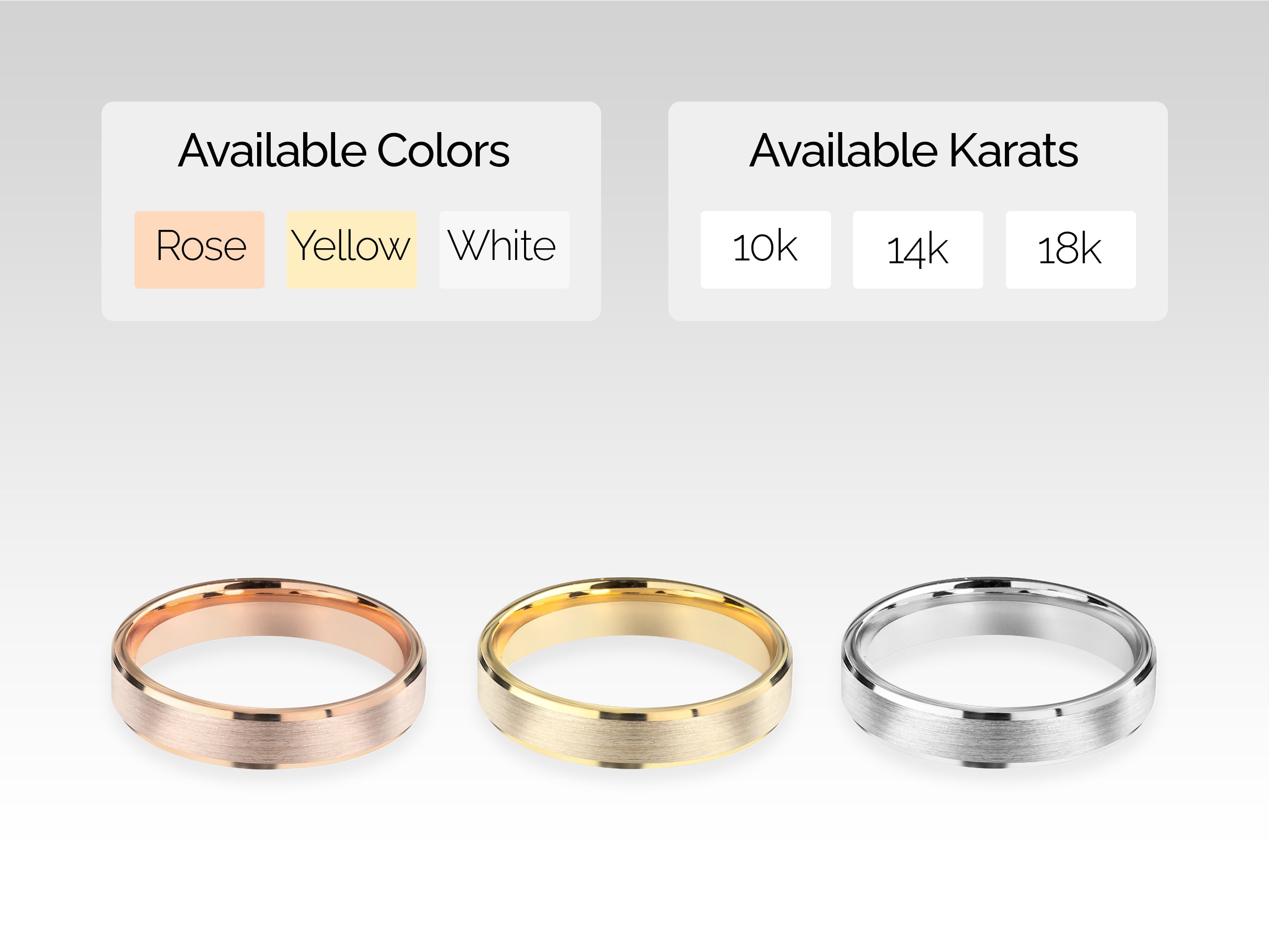 Jewelry rings available in rose, yellow, white gold, 10k, 14k, 18k