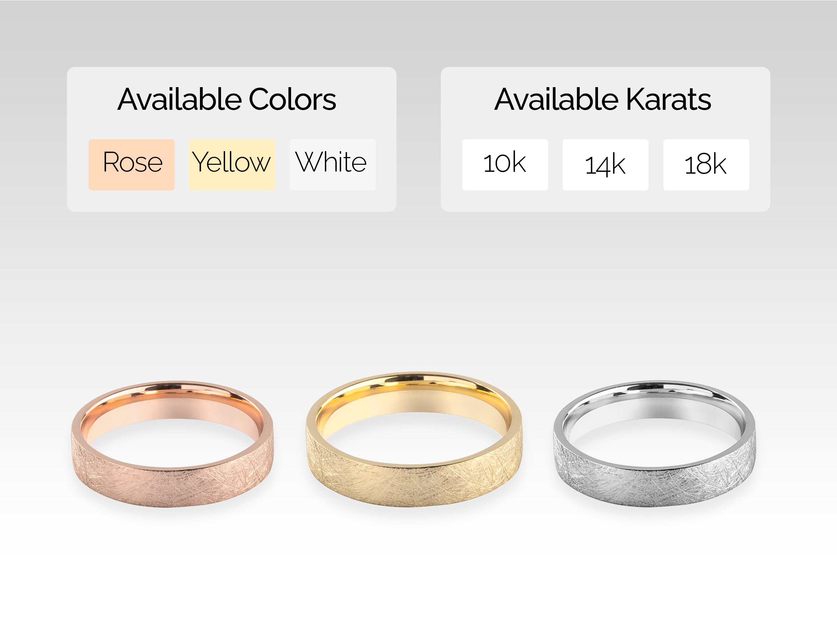 Jewelry rings available in rose, yellow, white gold, 10k, 14k, 18k