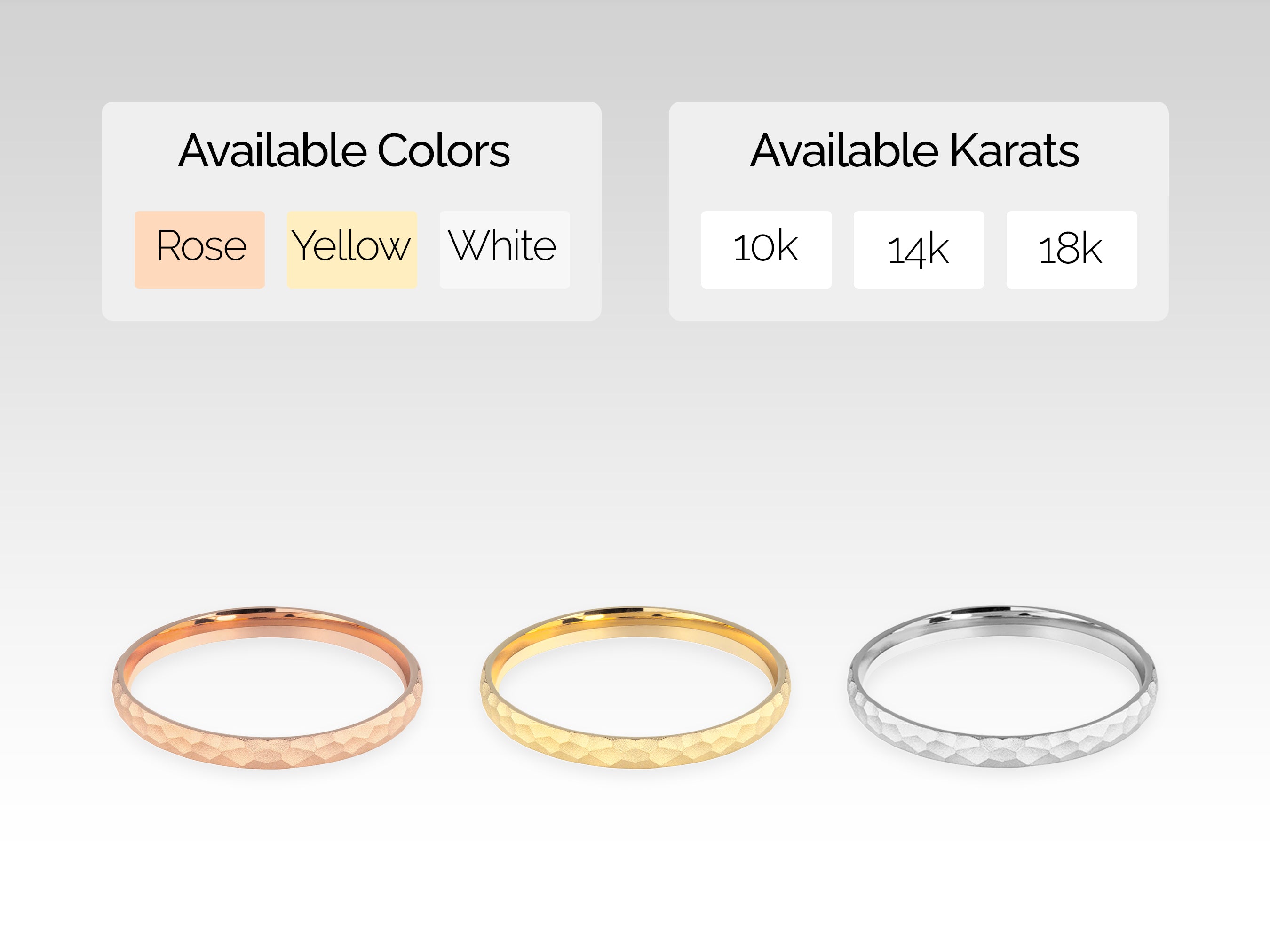 Jewelry rings available in rose, yellow, white gold, 10k, 14k, 18k