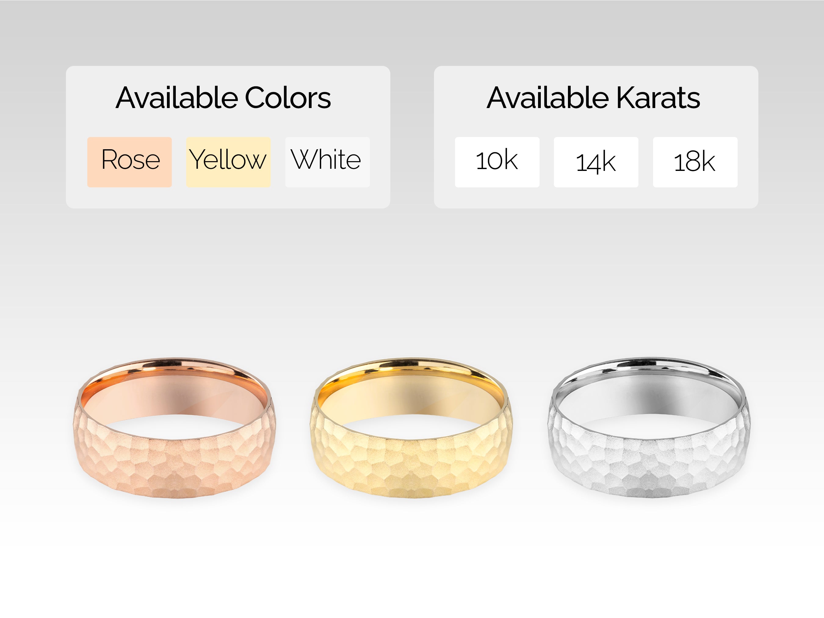 Hammered gold wedding bands available in rose, yellow, white, 10k, 14k, 18k