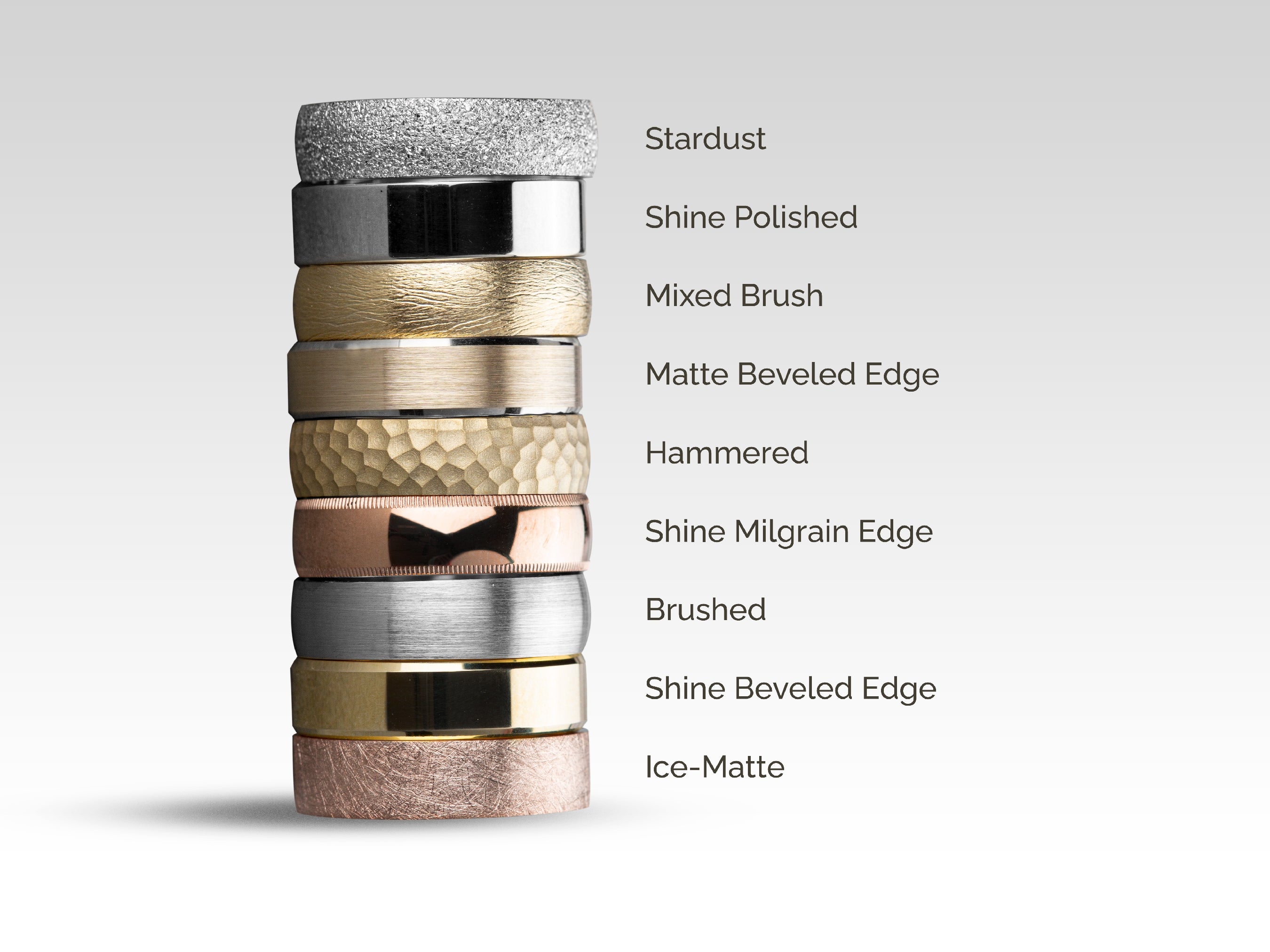 Jewelry rings collection: stardust, shine polished, mixed brush, matte beveled edge